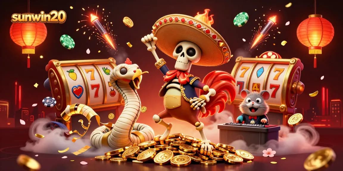 Engage with sunwin20's vibrant online casino atmosphere featuring a lively skeleton and a DJ hamster.