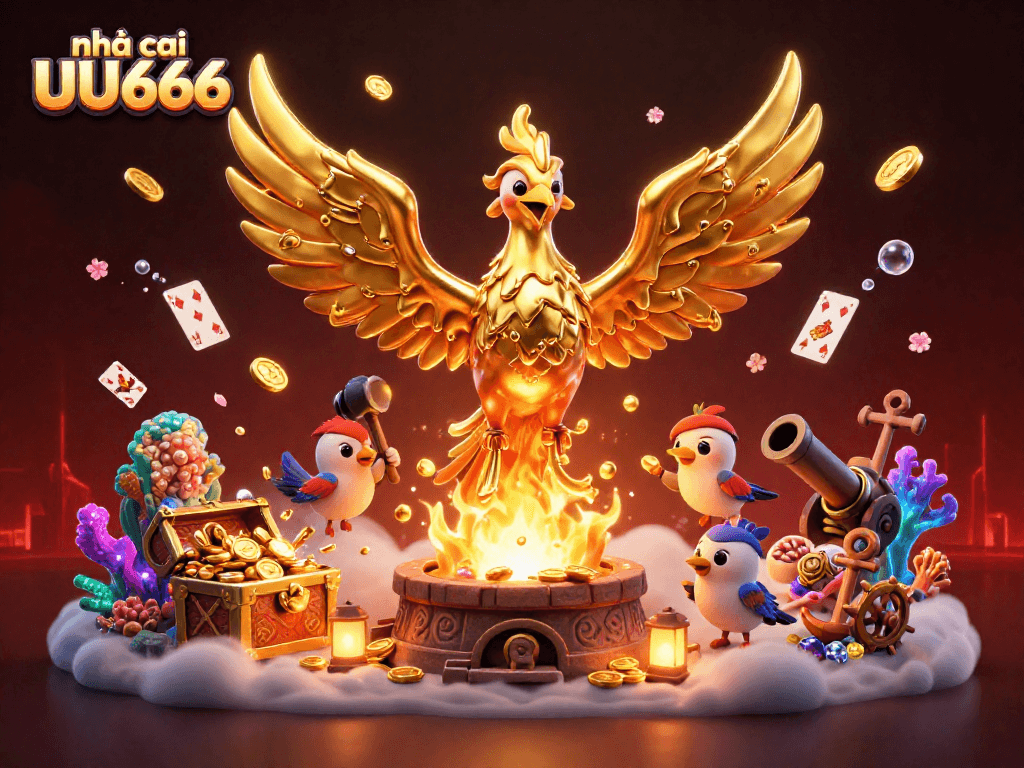 Experience thrilling gameplay at nhà cái UU666 with a 3D cartoon phoenix amidst a dynamic casino scene.