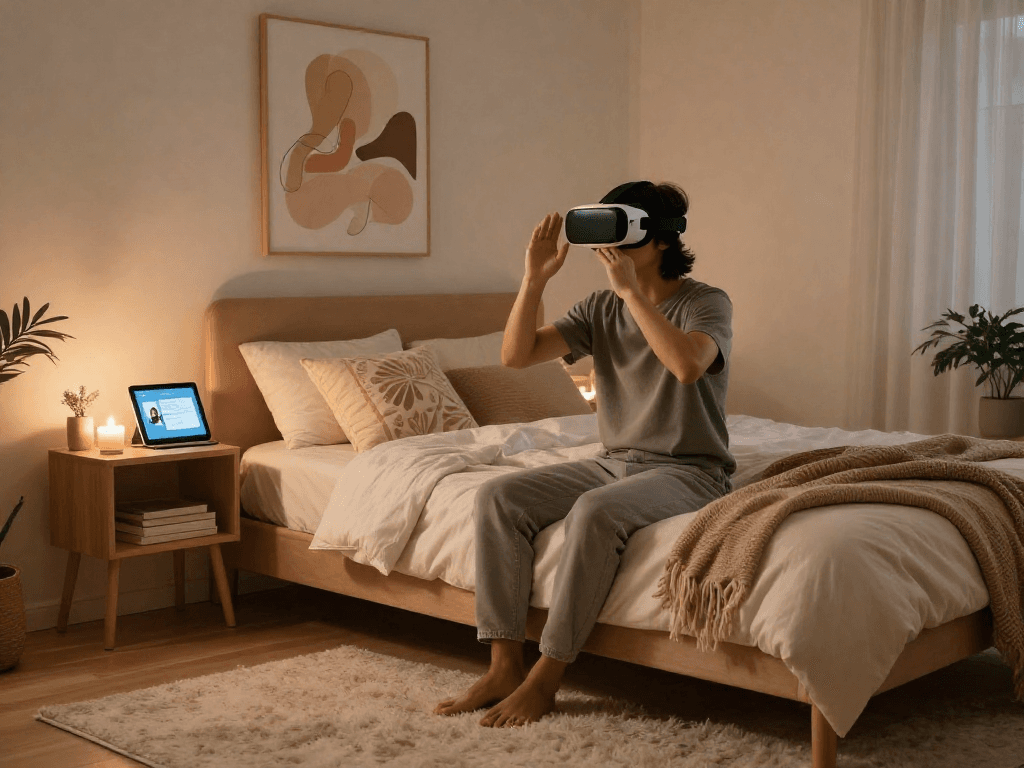 Engaging in sex AI exploration in a cozy modern bedroom with soothing ambiance.