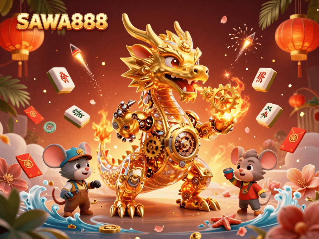 Experience the thrill of SAWA888 with the intricate golden dragon breathing gears in vibrant casino elements.