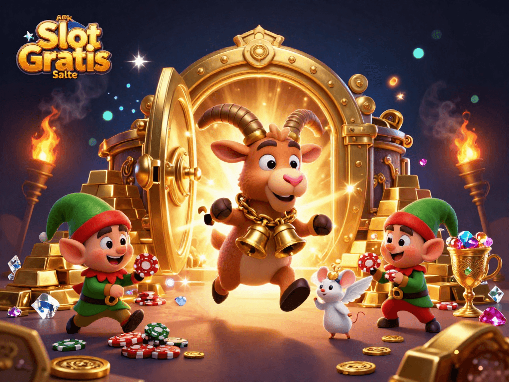 Engage with APK Slot Gratis Saldo in a vibrant, dynamic casino scene with whimsical characters.