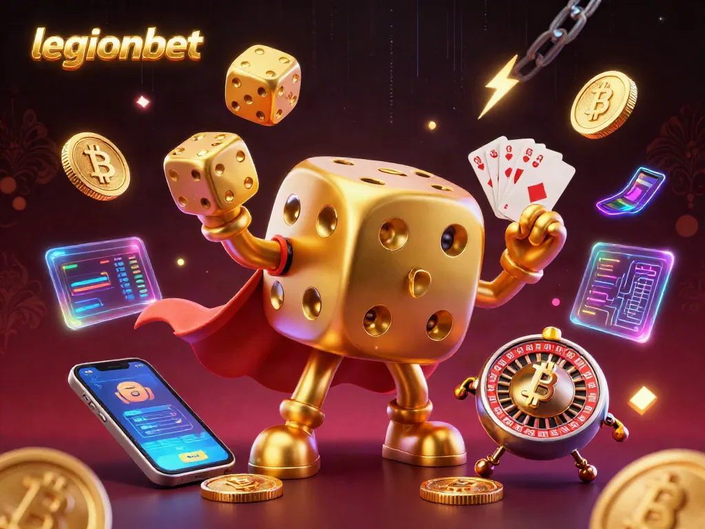 Engage with legionbet and its vibrant, detailed casino world, featuring a golden dice golem and crypto elements.