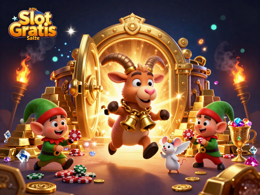 Engage with APK Slot Gratis Saldo in a vibrant, dynamic casino scene with whimsical characters.