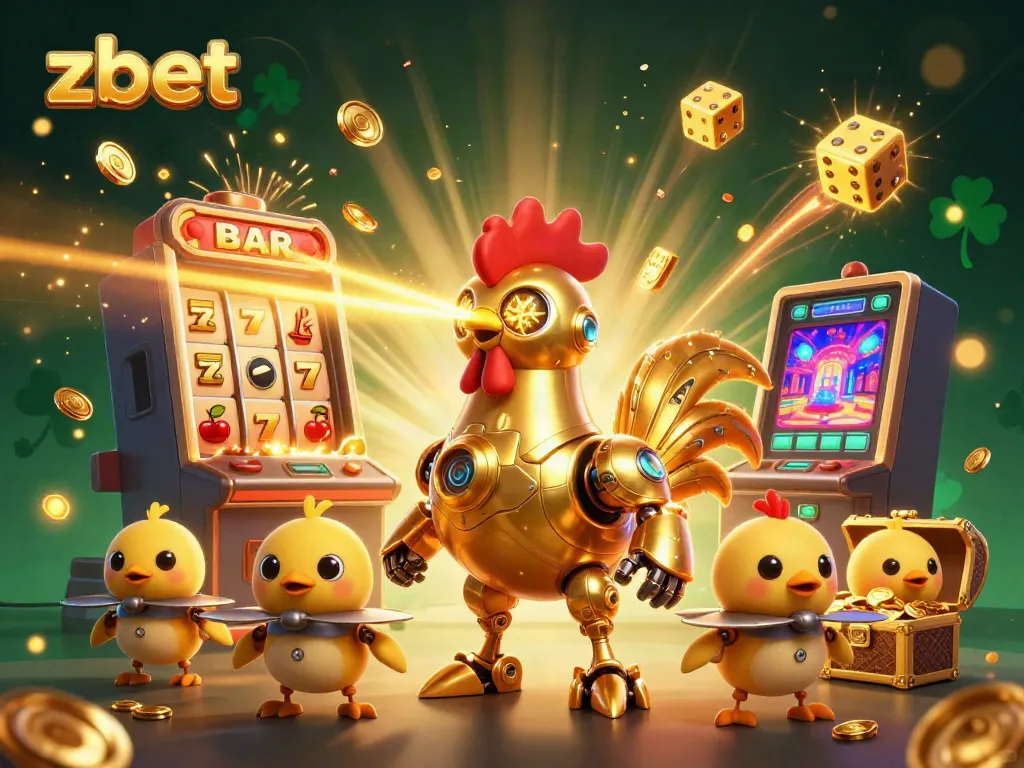 Engage with zbet's vibrant casino world featuring a golden rooster robot amidst 3D slot machine excitement.