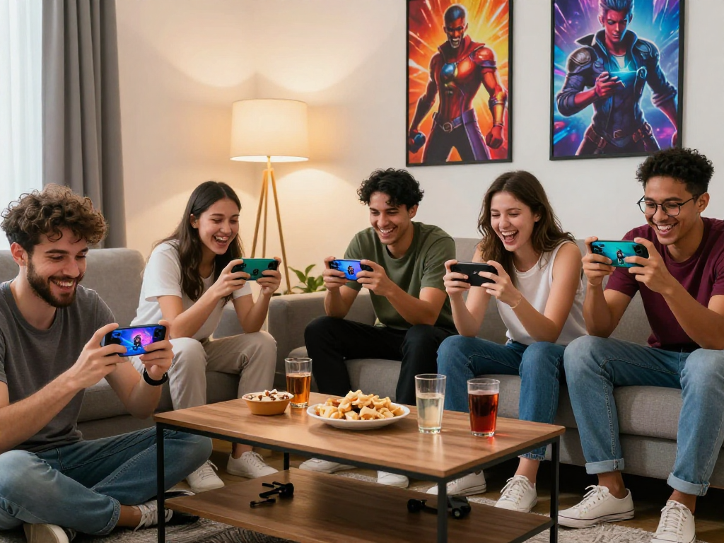 Mobile porn game session with friends enjoying gameplay on smartphones in a cozy living room.
