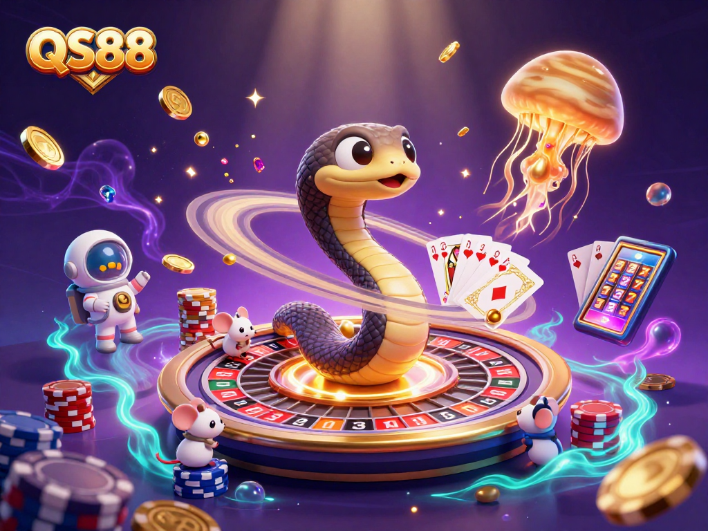 Experience QS88 with a vibrant 3D casino scene as astronaut mice bet on cosmic roulette!