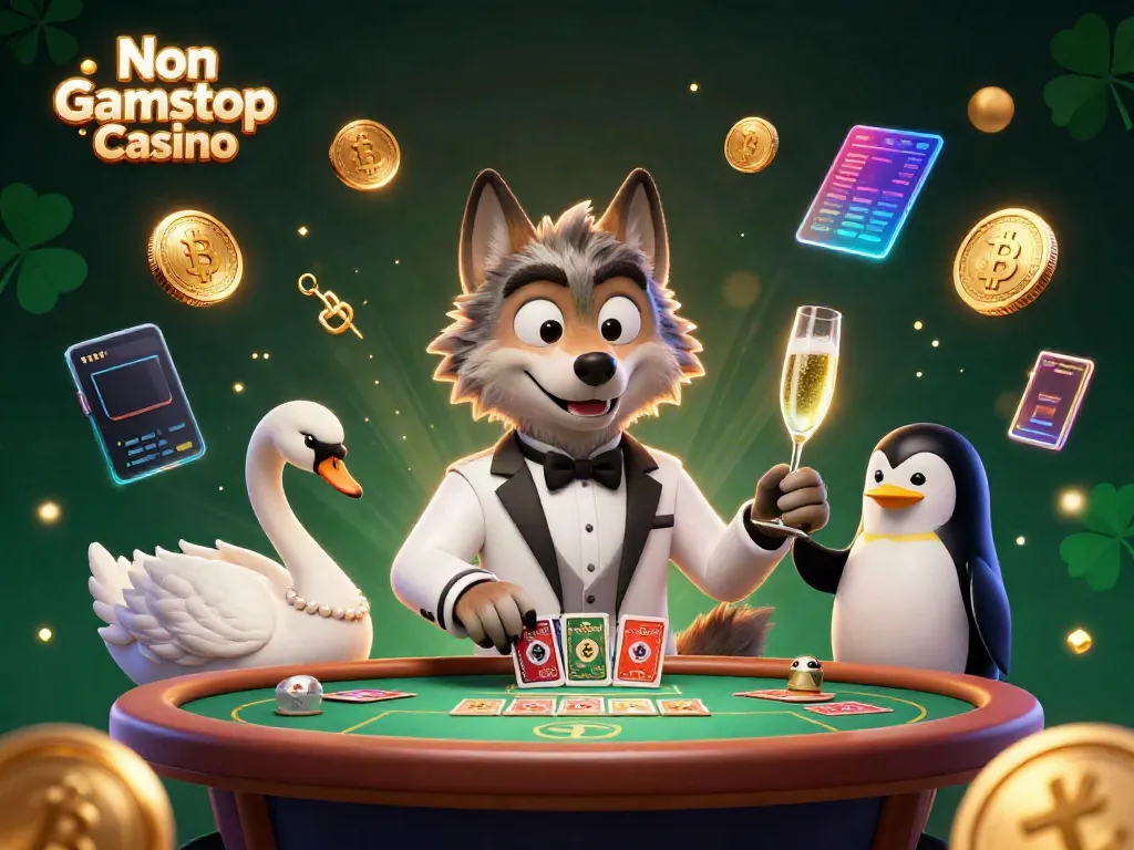 Experience the thrill of Non Gamstop Casino with a 3D illustration featuring charismatic characters and symbols.