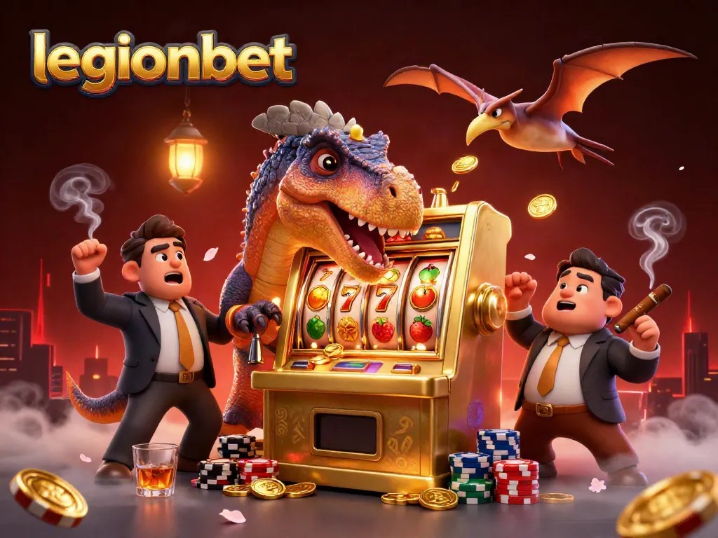 Engage with legionbet as a pachycephalosaurus wins big on a slot machine, surrounded by casino excitement.