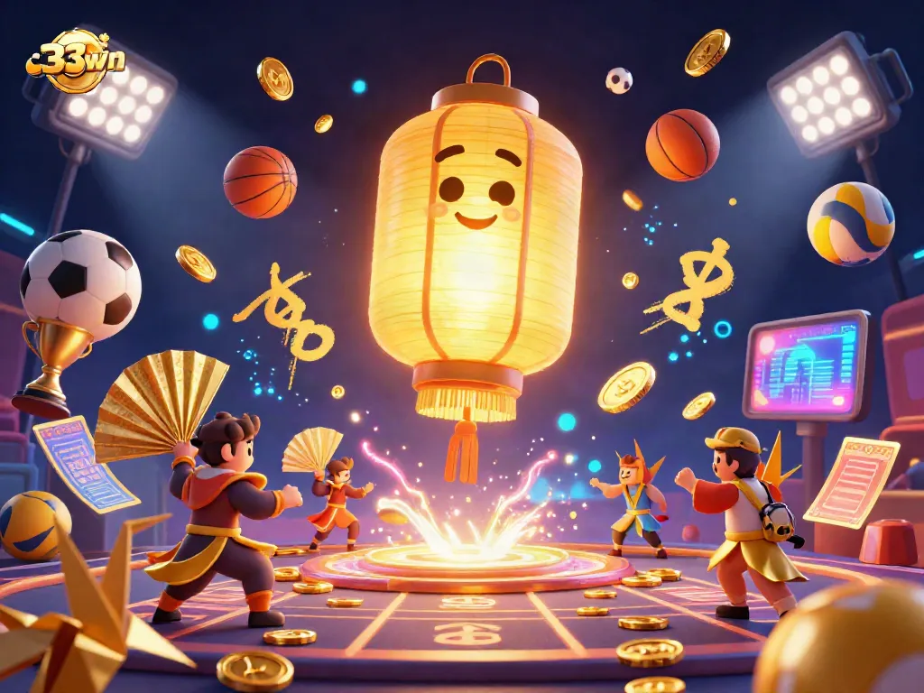 Experience immersive action with 33win's casino scene featuring magical lanterns, sports elements, and vibrant colors.