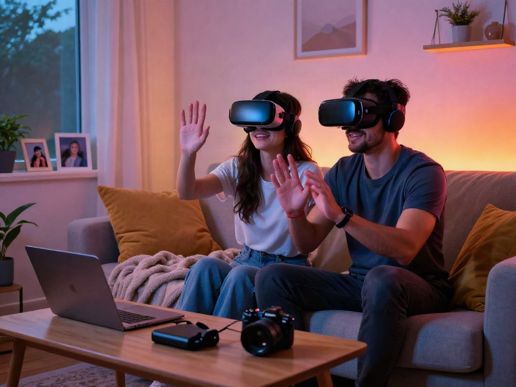 Couple using sex AI technology in a cozy home atmosphere, exploring romantic scenarios.