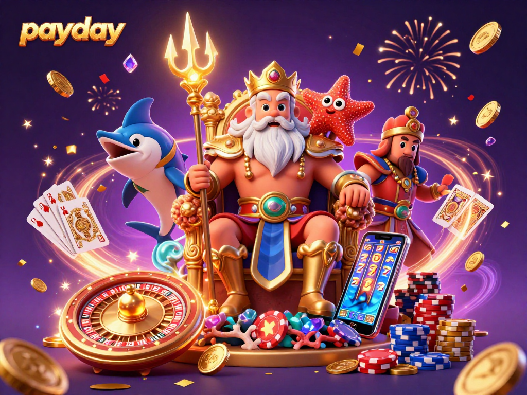 Spin to win on payday with Neptune and his samurai amidst glimmering casino treasures!