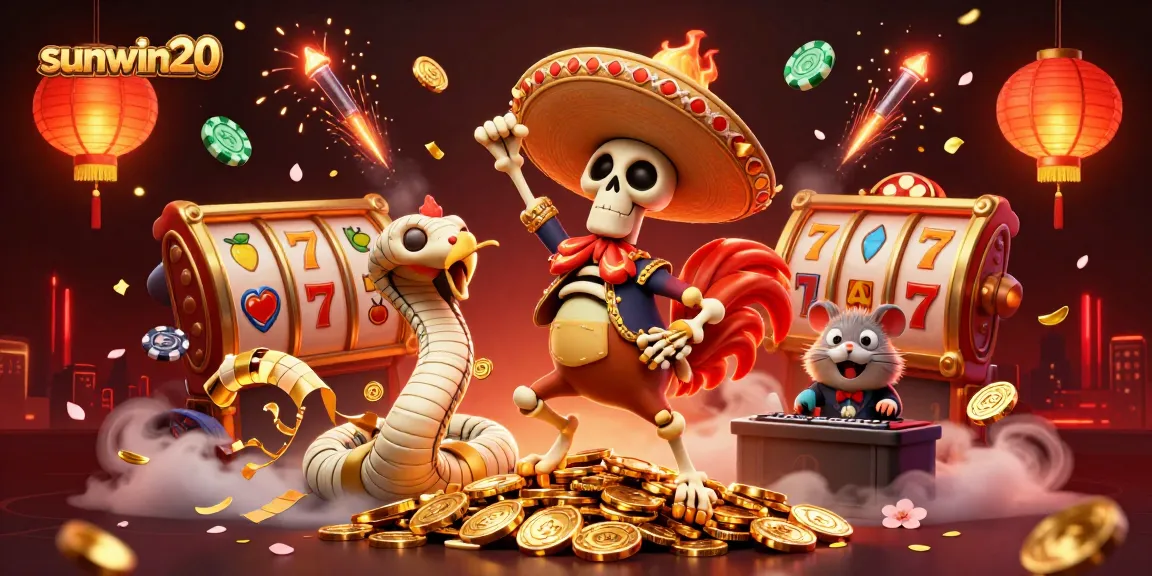 Engage with sunwin20's vibrant online casino atmosphere featuring a lively skeleton and a DJ hamster.