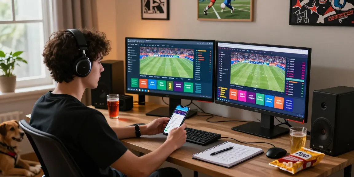 Exciting online betting experience at home with 토토사이트 검증 먹튀스팟 on multiple screens, energetic atmosphere capturing the thrill of live sports.