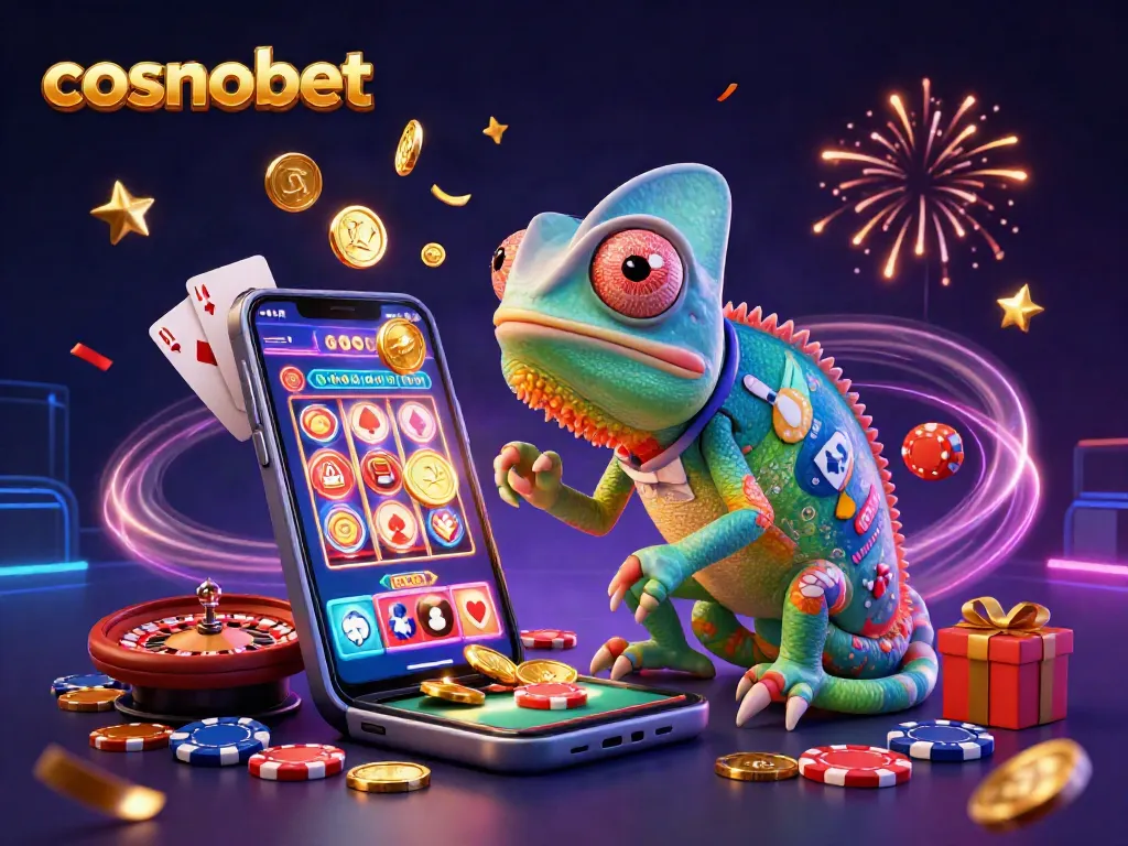 Engage with cosmobet at this vibrant casino scene featuring a lively chameleon owner amidst dazzling games and rewards.
