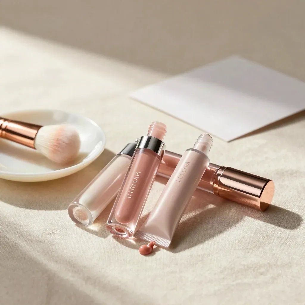 Three clear lip gloss tubes with pearl dish and brush on pale linen, rose-gold accent