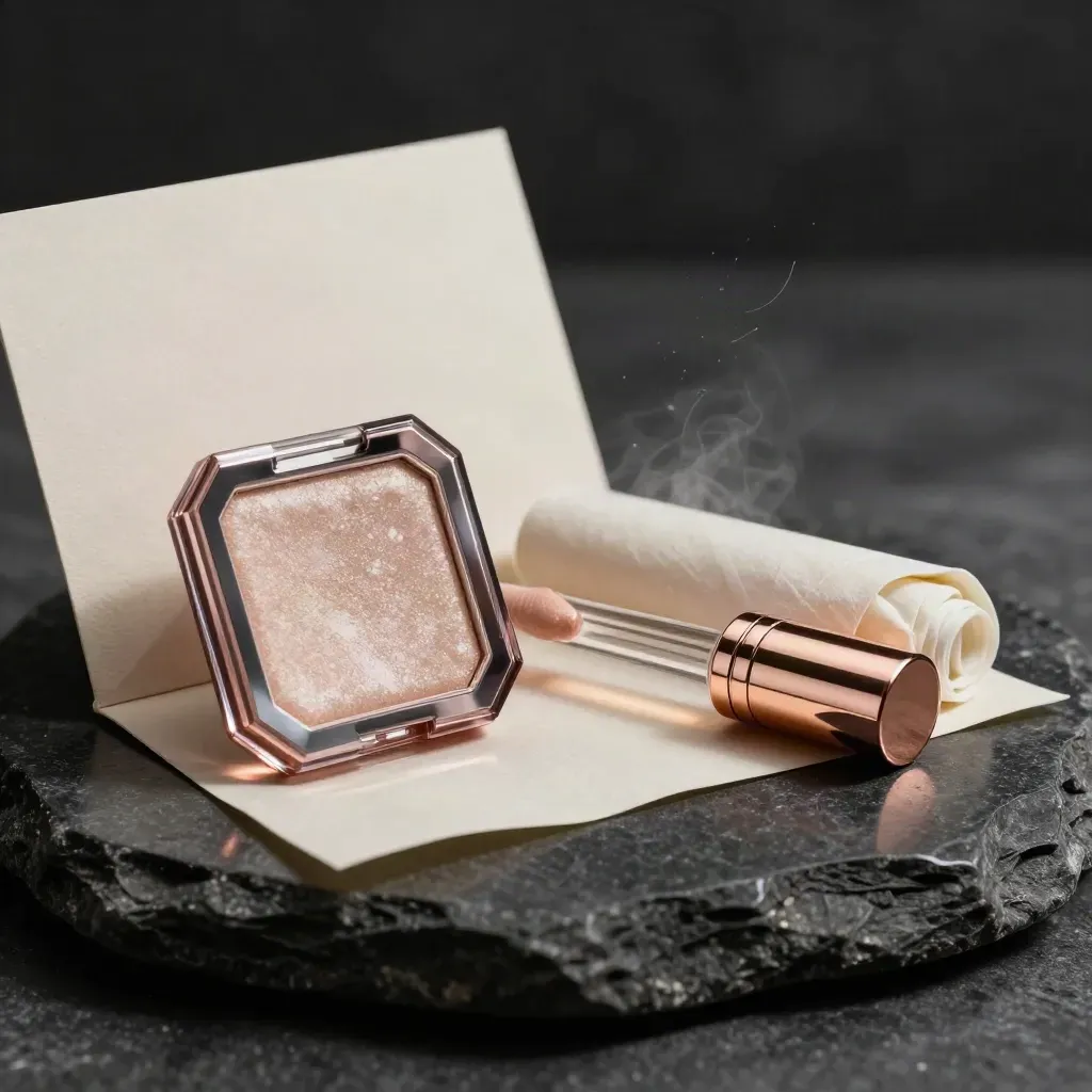 Shimmer gift set with palette, gloss and body oil on a stone plinth