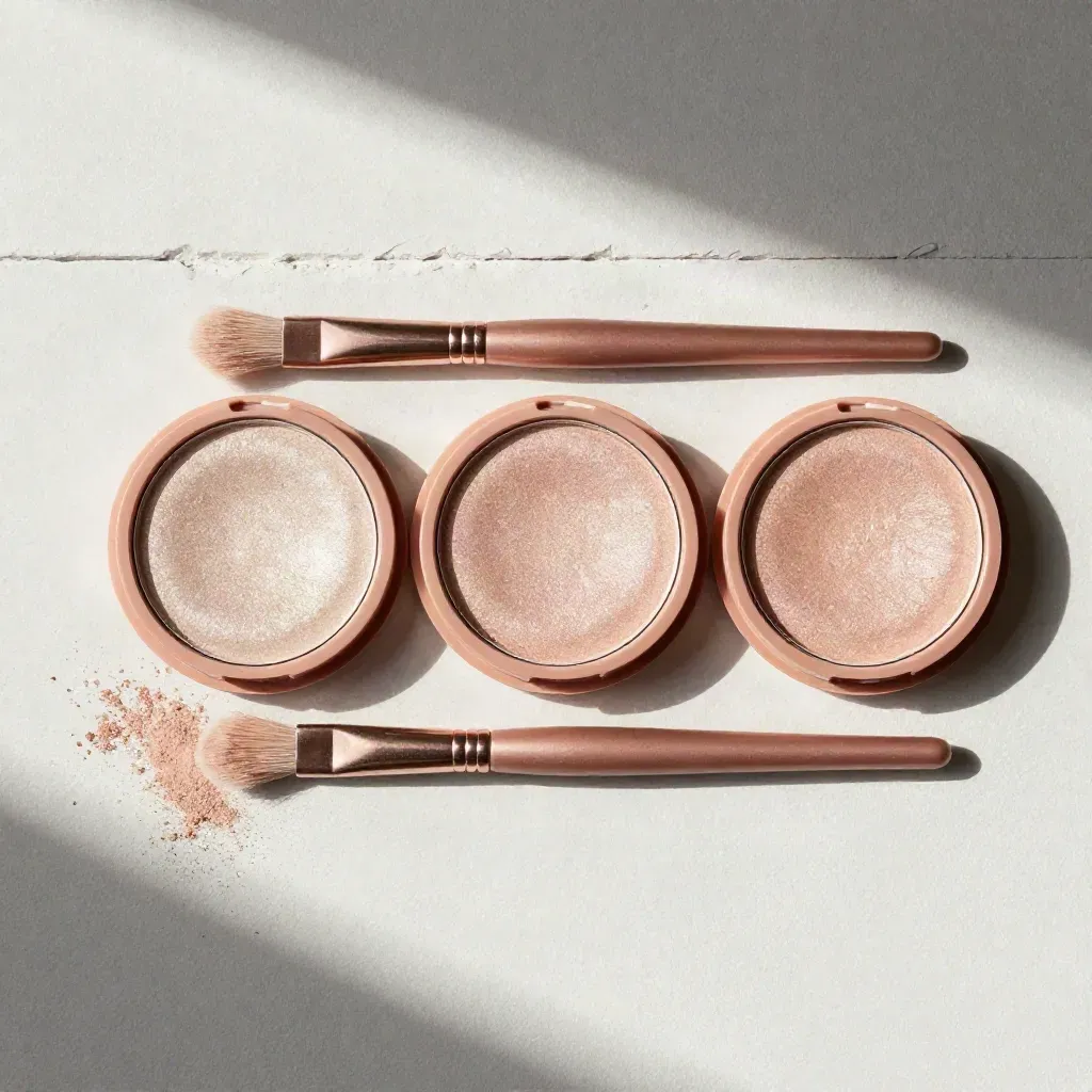 Overhead rose-gold highlight trio, tiny brush, and settling shimmer on pale plaster.