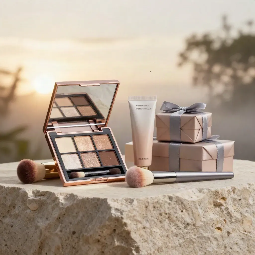 Champagne highlighter palette with gloss, brush and gift boxes on rain-kissed limestone