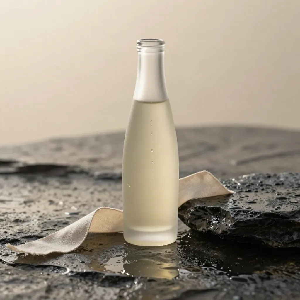 Frosted body oil bottle on wet stone with linen ribbon and a shining oil bead