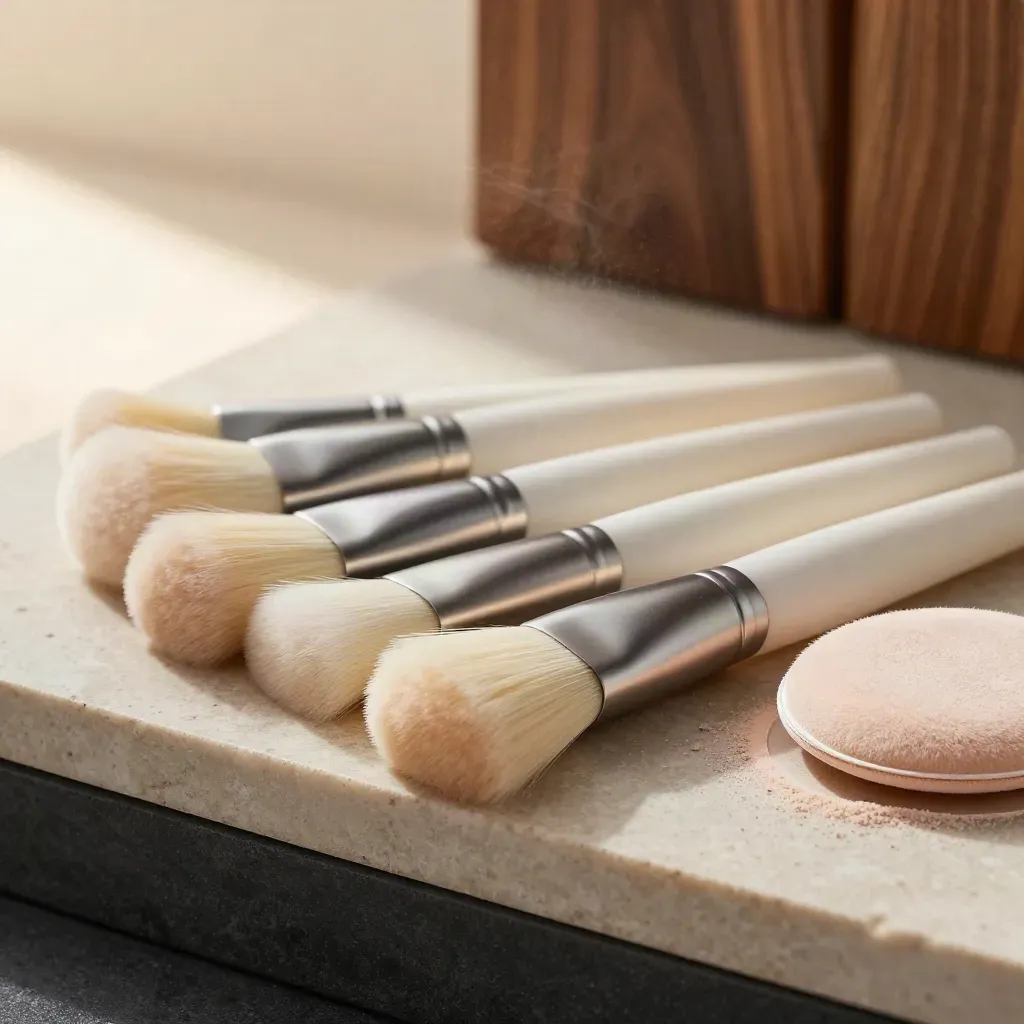 Soft glow brush set fanned on pale stone with powder puff and charcoal accents.