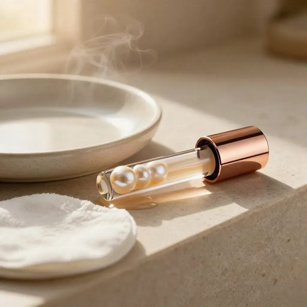 Slim lip oil vial beside a ceramic dish and cotton pad on a pale stone ledge with rose-gold accents.
