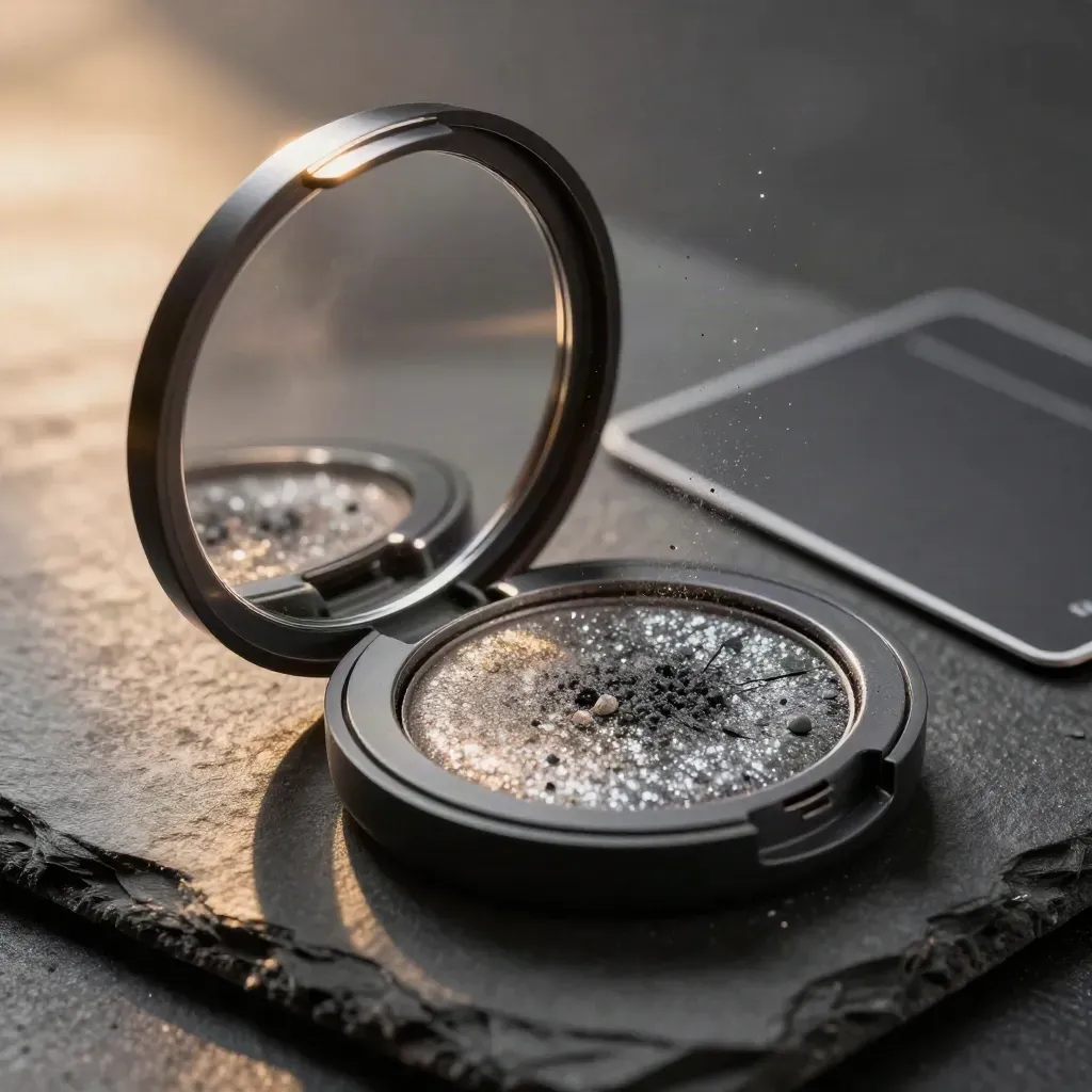 Open glitter eyeshadow compact with drifting sparkle on graphite slate