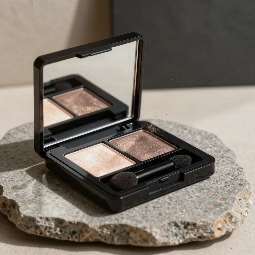 Open Midnight Spark Eye Kit with shimmering pans, applicator, and stone base in studio light