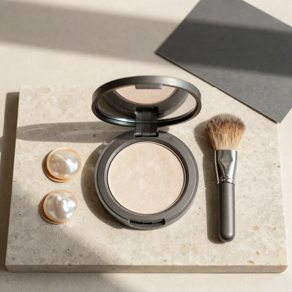 Open highlight compact with pearl pans, fan brush, and charcoal card on travertine.
