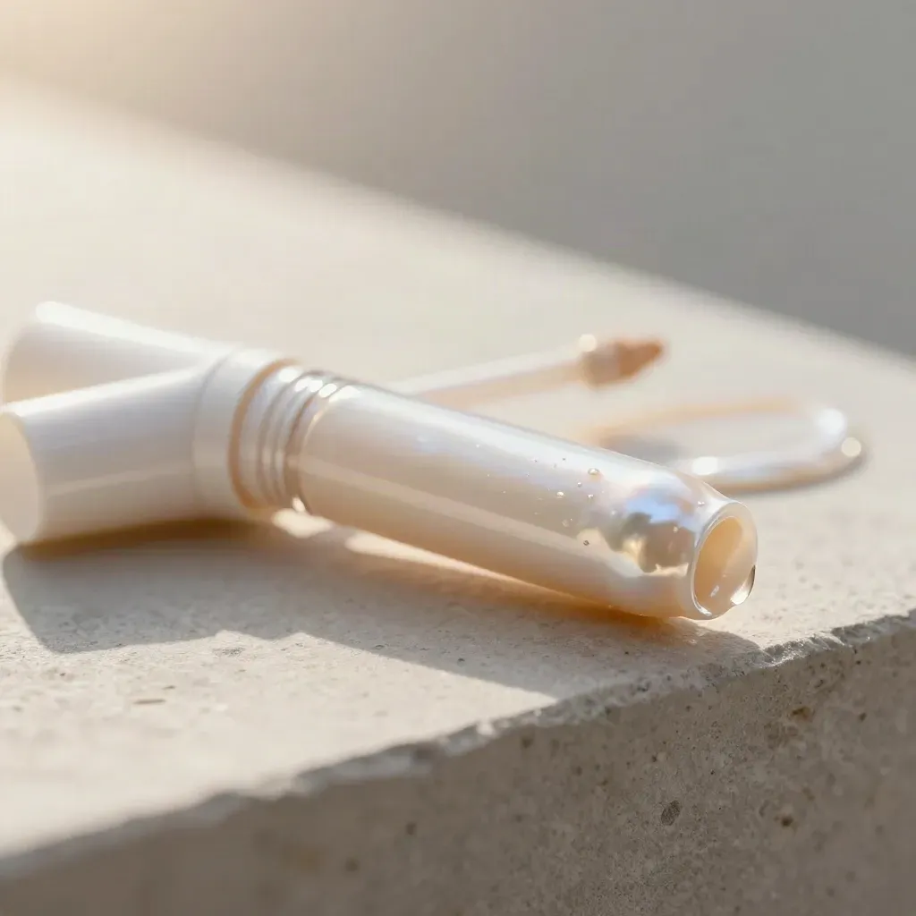Pearl Sheen lip gloss tube with a gloss bead on pale plaster, close macro, luxury beauty.