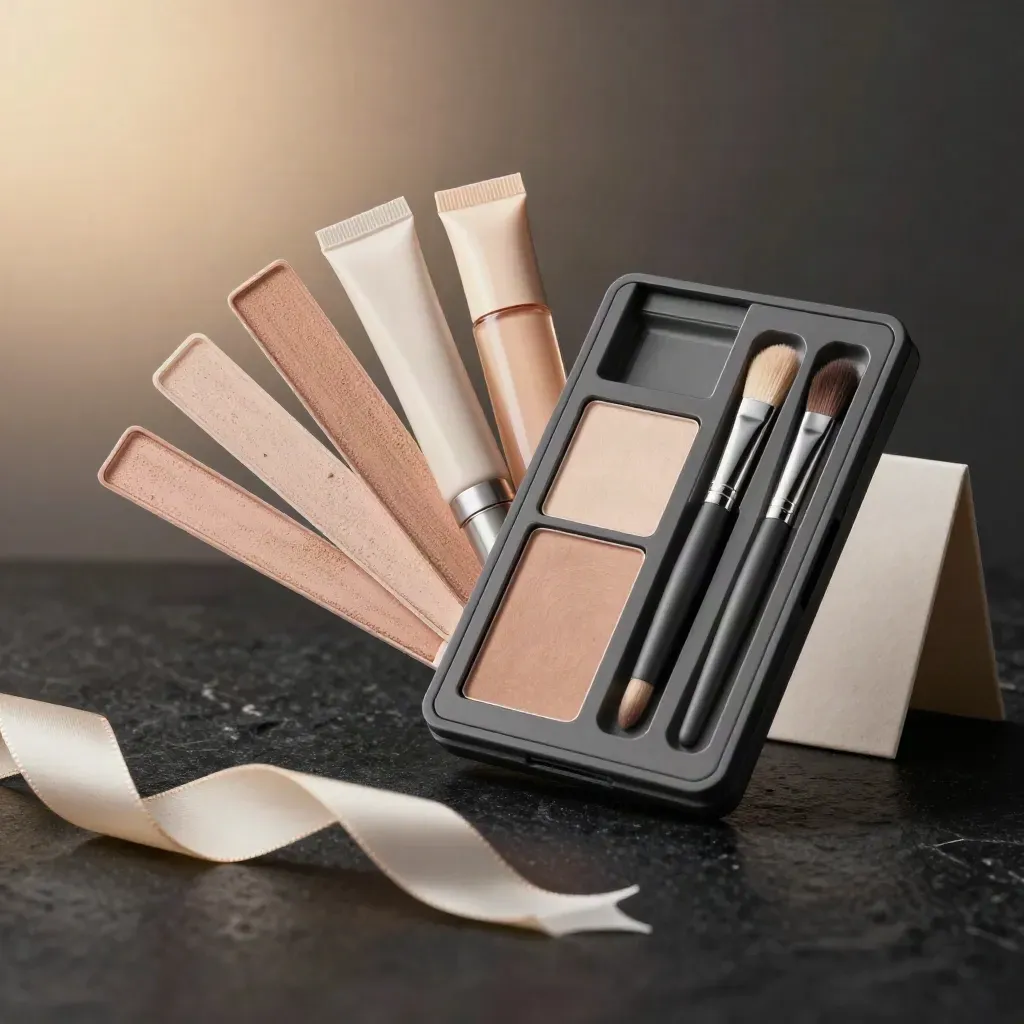 Charcoal travel beauty kit opened diagonally with palette, gloss, oil and brush on matte black.
