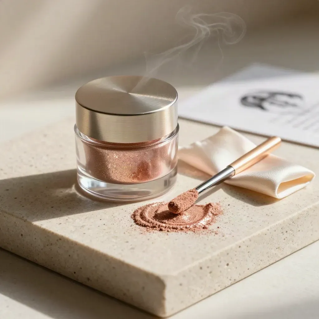 Loose pigment jar with glitter spill, applicator and silk swatch on travertine in soft side light.
