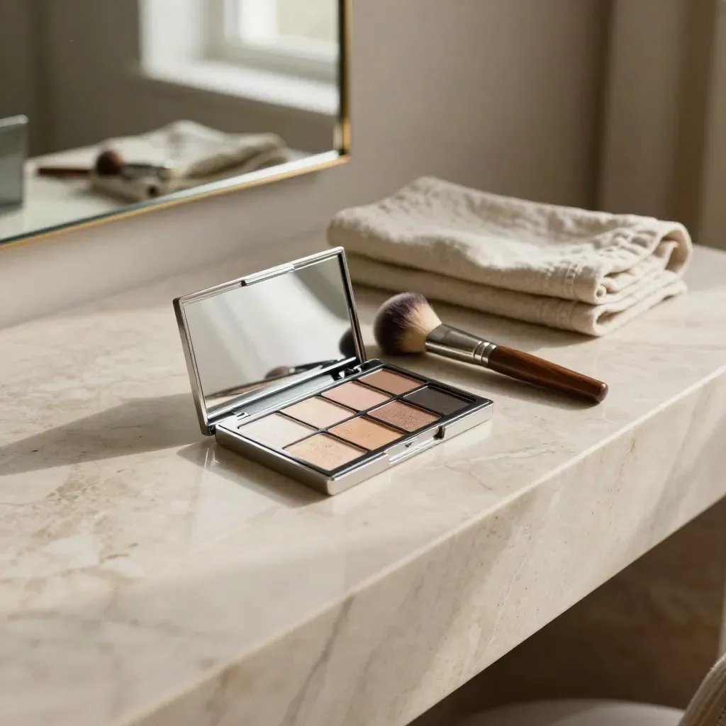 Marble vanity ledge with open highlighter palette, brush, and folded linen in soft morning light.