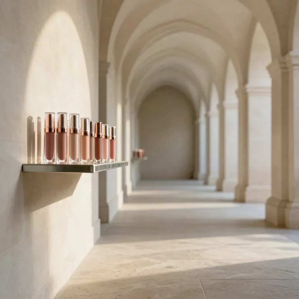 Stone arch corridor with lip gloss tubes on a mirrored vanity shelf in warm late-day light.