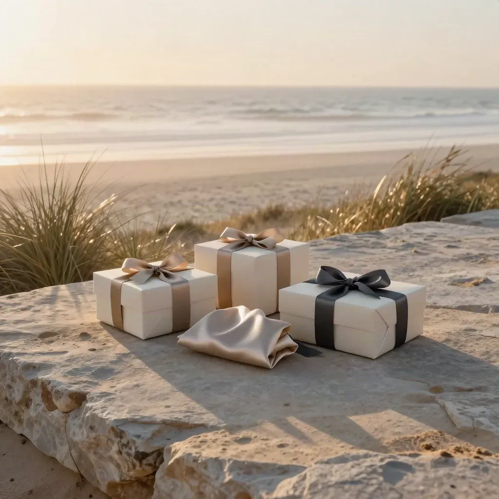 Sunlit coastal gift sets on a sandstone terrace above a misty sea at sunrise.