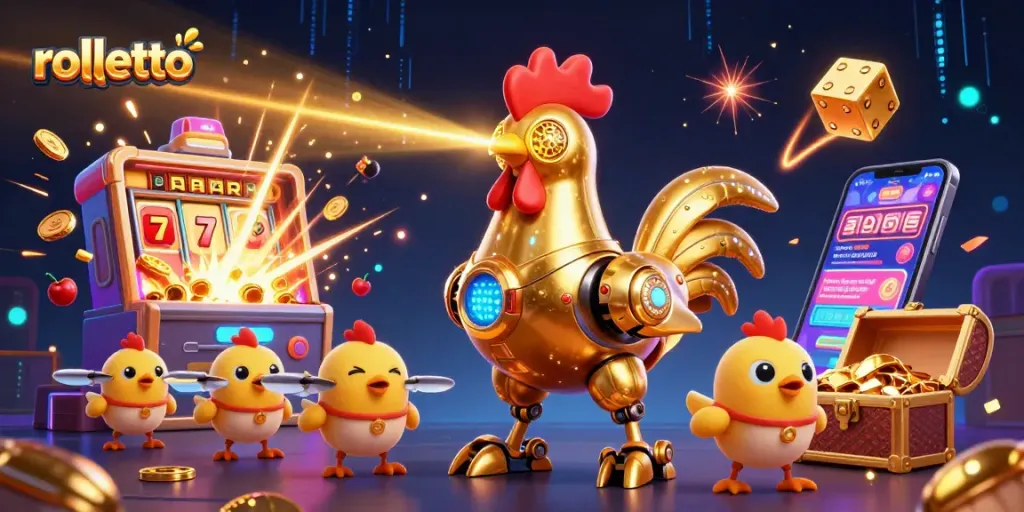 Experience exciting gameplay at Rolletto, featuring a dynamic casino scene with a robotic rooster and slot machine action.
