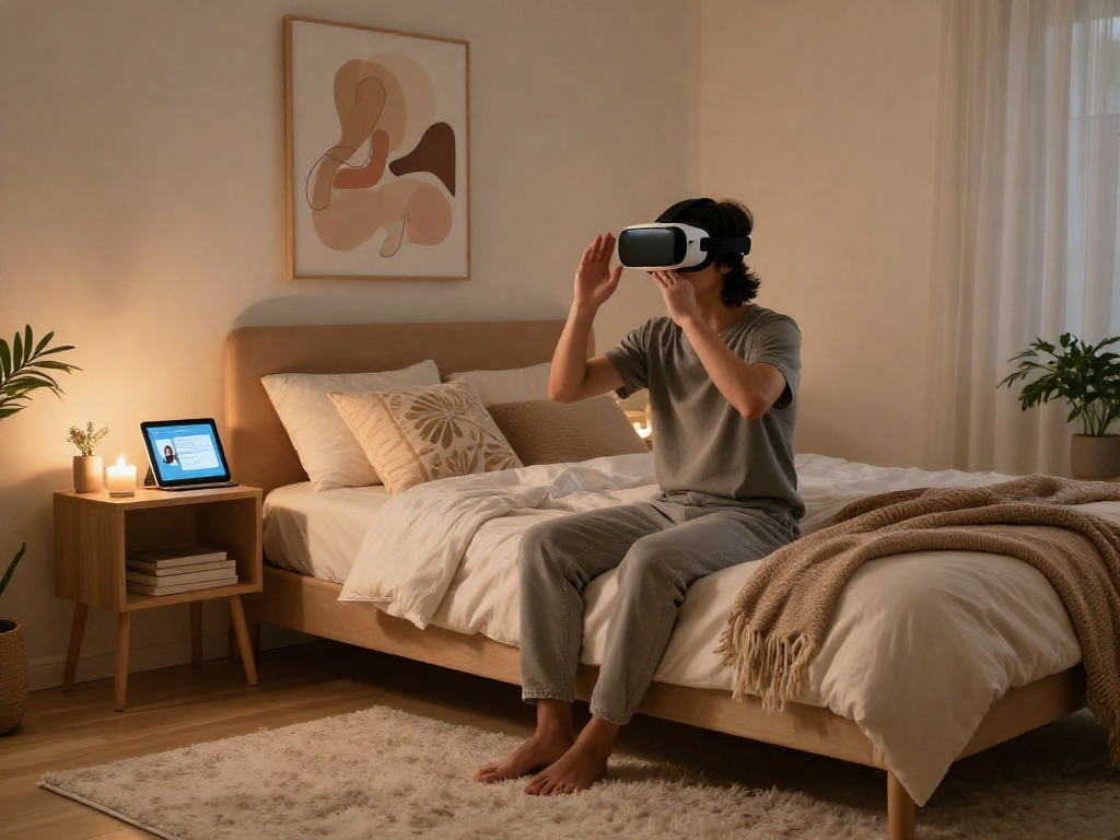 Engaging in sex AI exploration in a cozy modern bedroom with soothing ambiance.