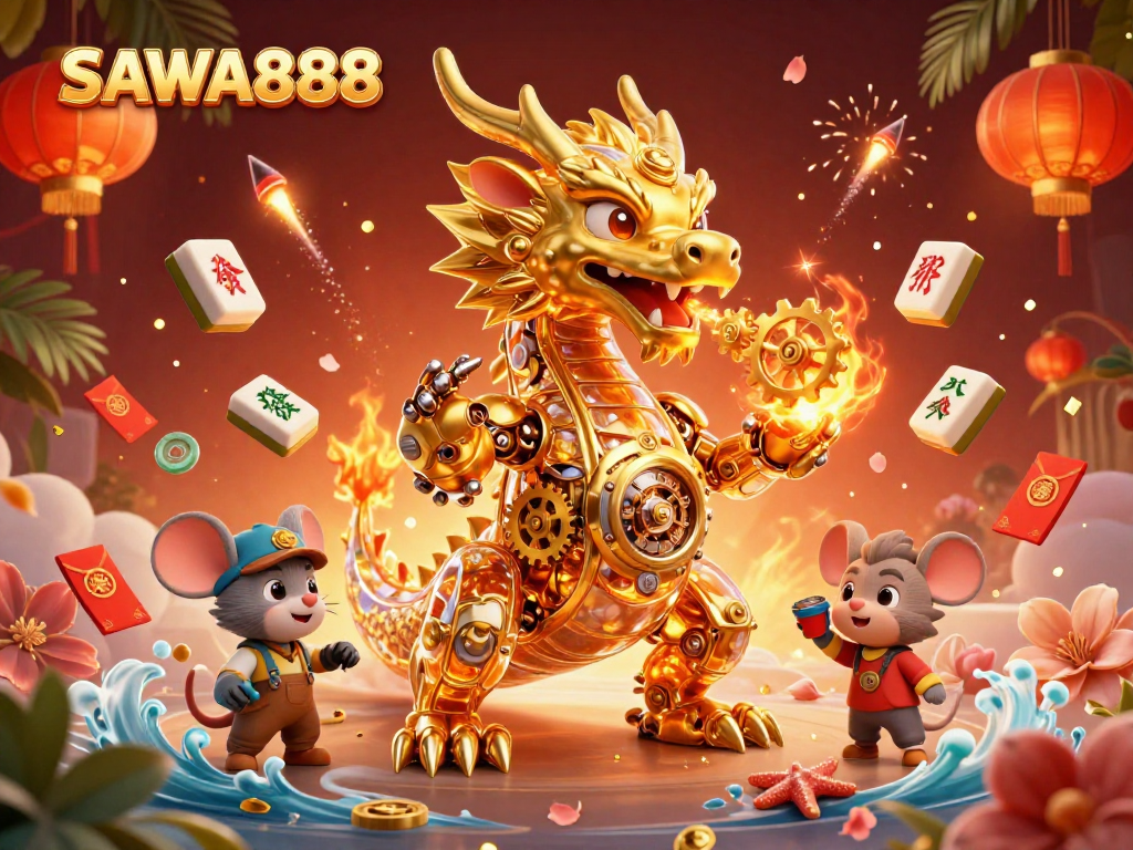 Experience the thrill of SAWA888 with the intricate golden dragon breathing gears in vibrant casino elements.