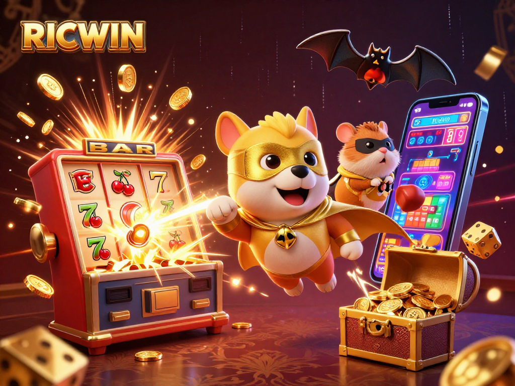 Engage with RICWIN's dynamic casino experience featuring a superhero dog and vibrant gaming elements.