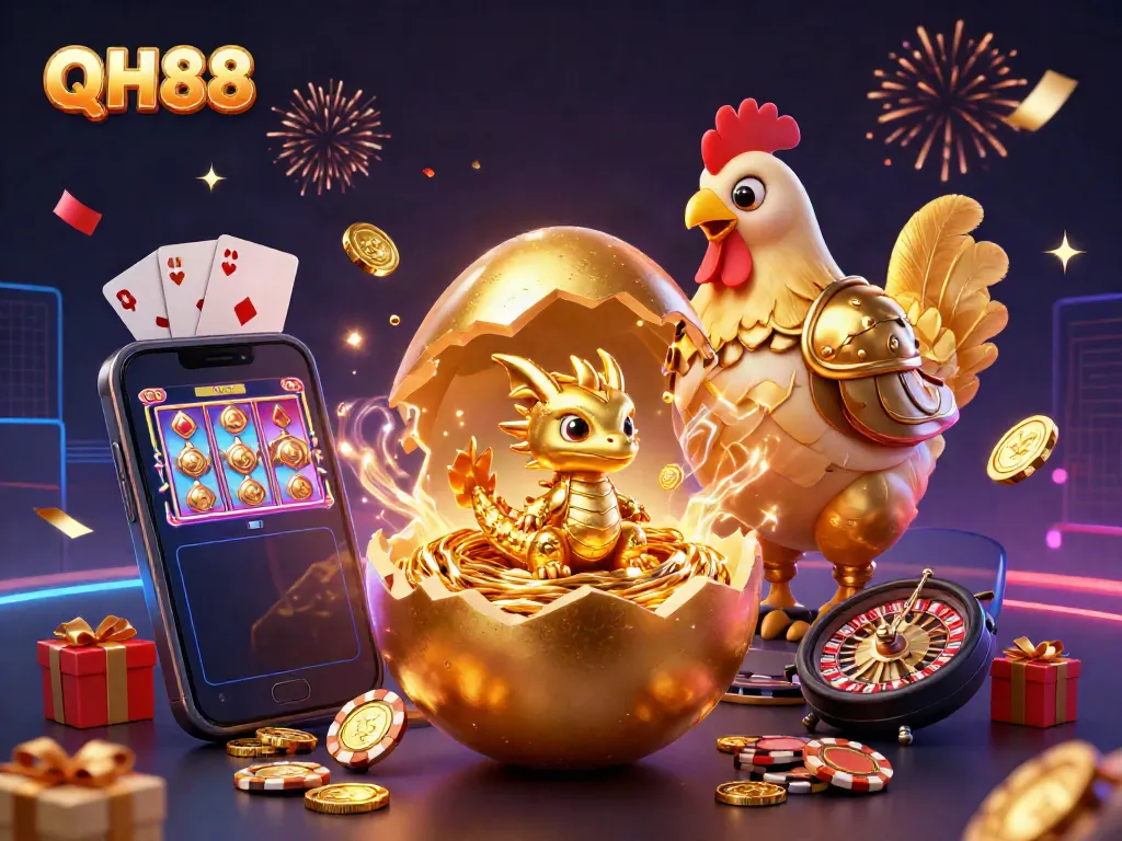 Experience the excitement of QH88 with a golden dragon and dynamic casino elements.