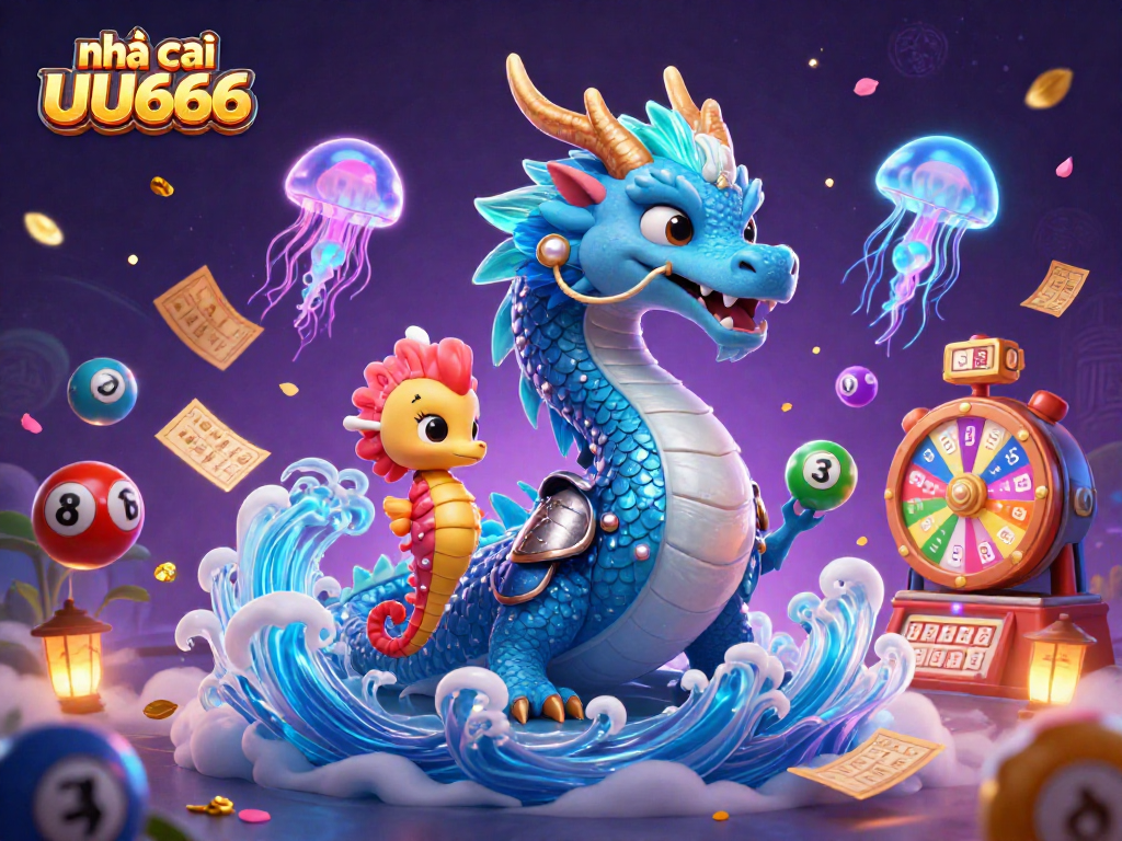 Experience the thrill of nhà cái UU666 with vibrant lottery elements and dynamic casino characters.