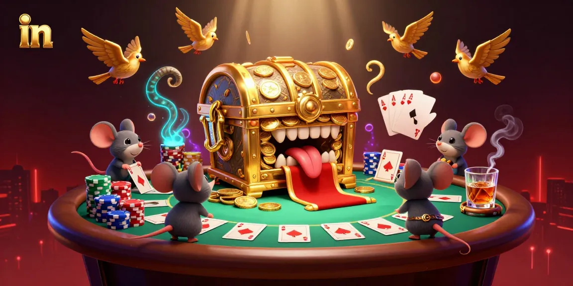 Engage in thrilling poker action in a vibrant casino scene with a treasure chest and adventurer mice.