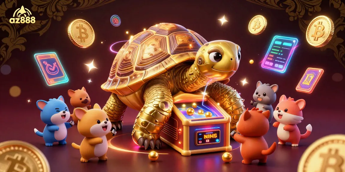 Experience excitement with az888 at this vibrant casino scene featuring a golden tortoise pinball machine.
