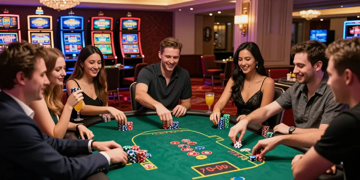 Celebration at a poker table with friends enjoying rokok88 in a vibrant casino atmosphere