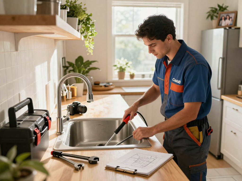 Professional rooter service Fort Worth in action with a plumber clearing a kitchen sink clog.