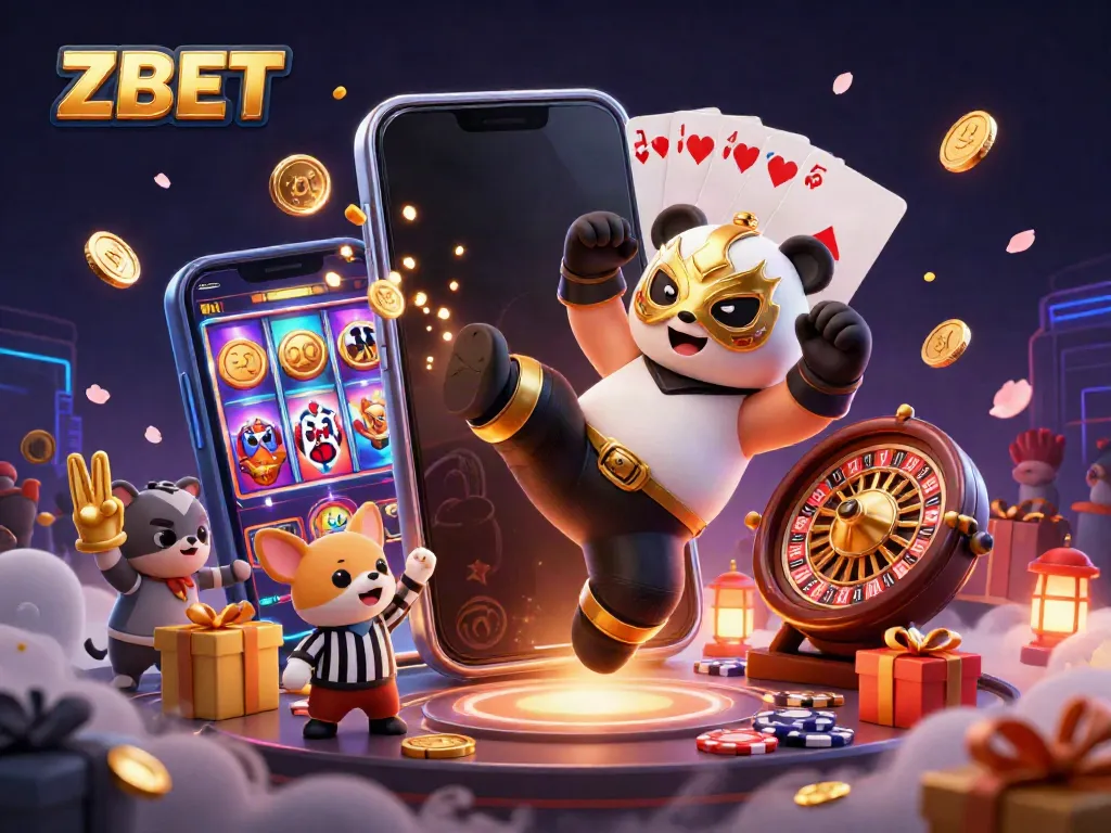 ZBET showcases an energetic panda wrestler surrounded by gaming elements in a vibrant casino scene.